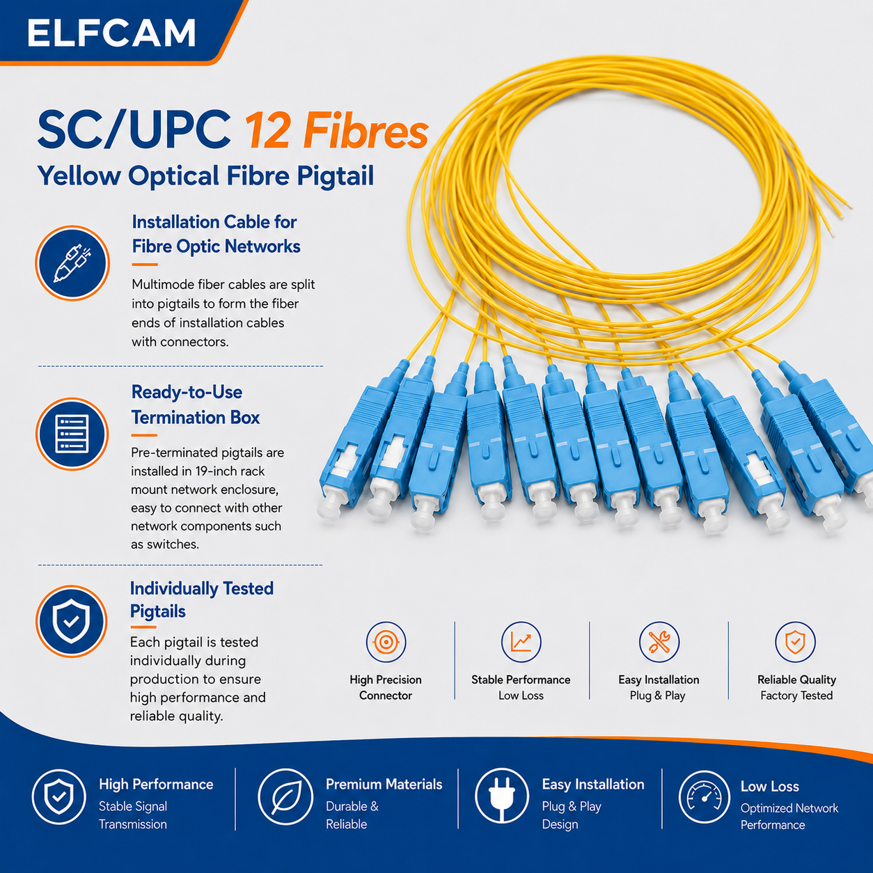 Elfcam - Pigtail de Fibra Óptica 12 Fibras Monomodo Simplex SC/UPC 9/125um OS2, 0,9 mm 1 Metro (Paquete de 12, Amarillo) - Imagen 5