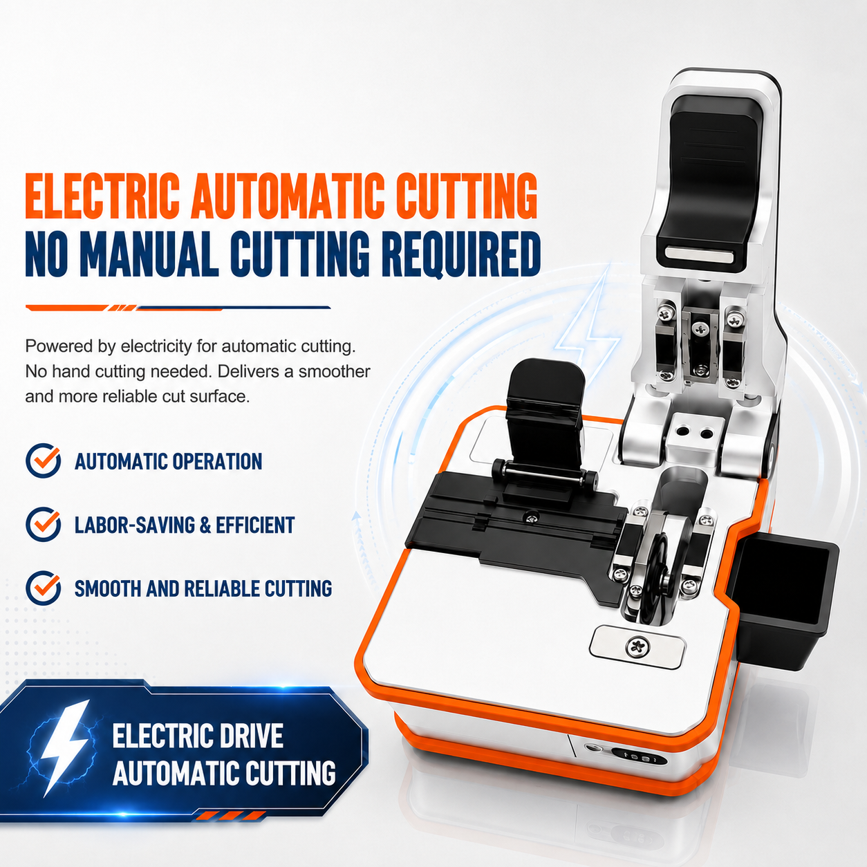 Cortador automático de fibra ótica K2 – Modo manual/automático, alta precisão ≤0,5°, para fibras monomodo (0,25 e 0,9 mm), com iluminação LED, bateria recarregável e caixote de resíduos integrado – Ferramenta de precisão para emenda de fibra – Imagem 2