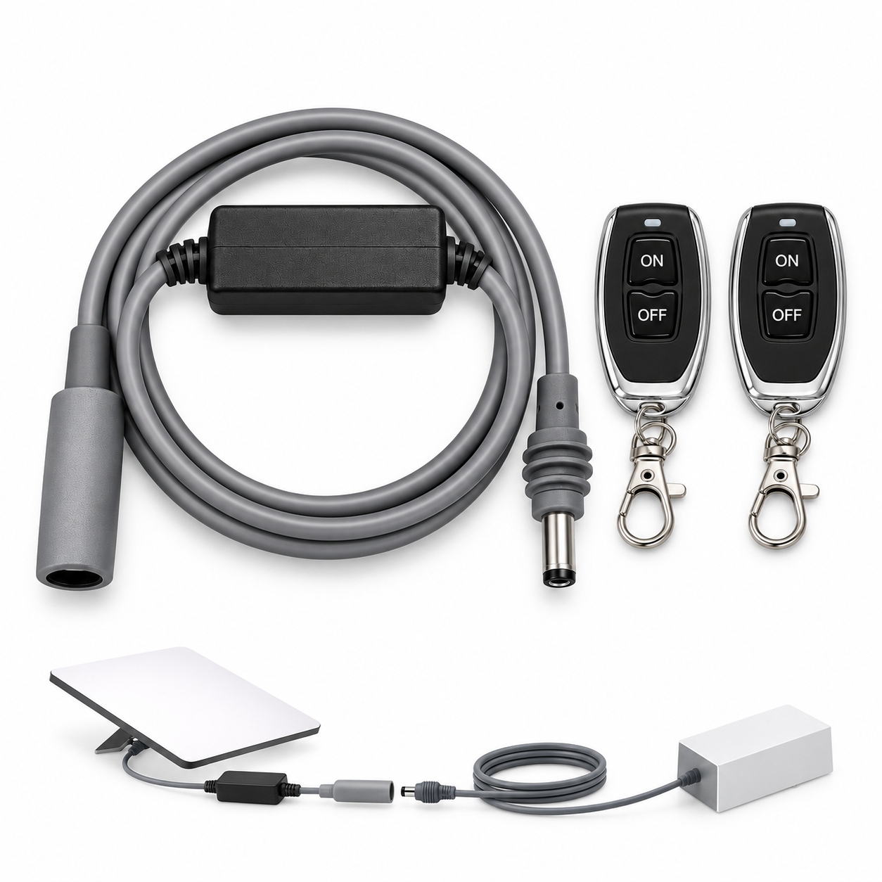 Elfcam - Interrupteur Sans Fil ON/OFF pour Starlink Mini, Câble d’Extension d’Alimentation DC 30 cm 18 AWG, Prise Femelle DC vers Fiche Mâle DC5521 5,5 × 2,1 mm, 2 Télécommandes, Portée Jusqu’à 30 m
