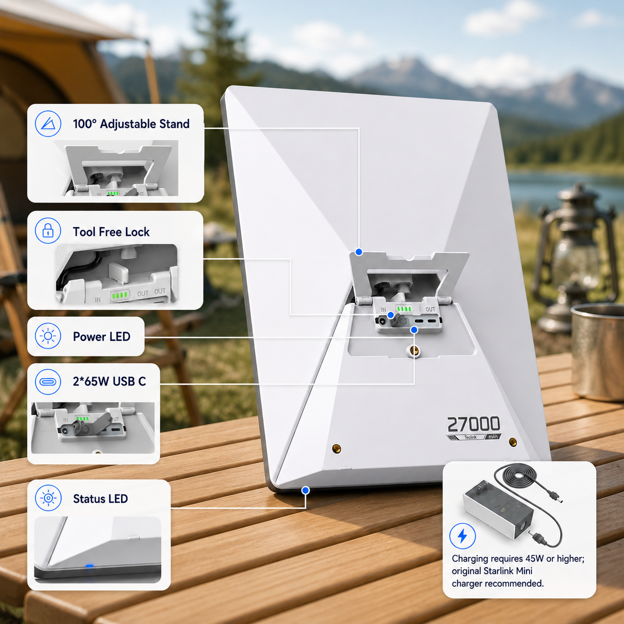 Elfcam - 99,9Wh Batterie Externe Clip-on pour Starlink Mini + Panneau Solaire 40W, Recharge Solaire, Autonomie Jusqu’à 5 Heures, 2xSorties DC & USB-C, Conforme aux Normes Aériennes - Image 5