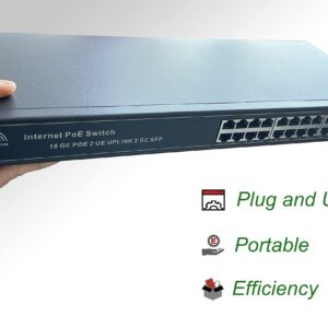 PoE Commutateur Switch Fibre Optique avec 2 Ports SFP 1,25Go, 16 Ports PoE Gigabit Ethernet 10/100/1000Mbps, Plug & Pl…