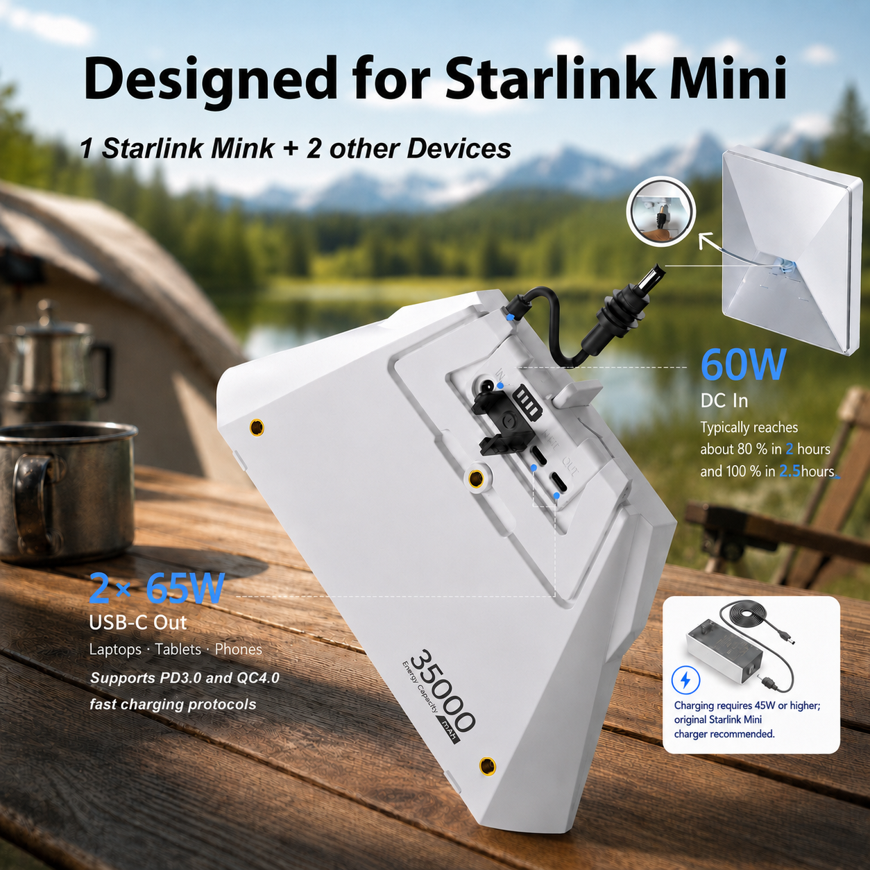 Elfcam - 127,75Wh/35000mAh Batterie Externe Clip-on pour Starlink Mini,Autonomie Jusqu’à 6 Heures, 2xSortie DC & USB-C, Support Intégré IP65,Conforme aux Normes Aériennes – Image 2