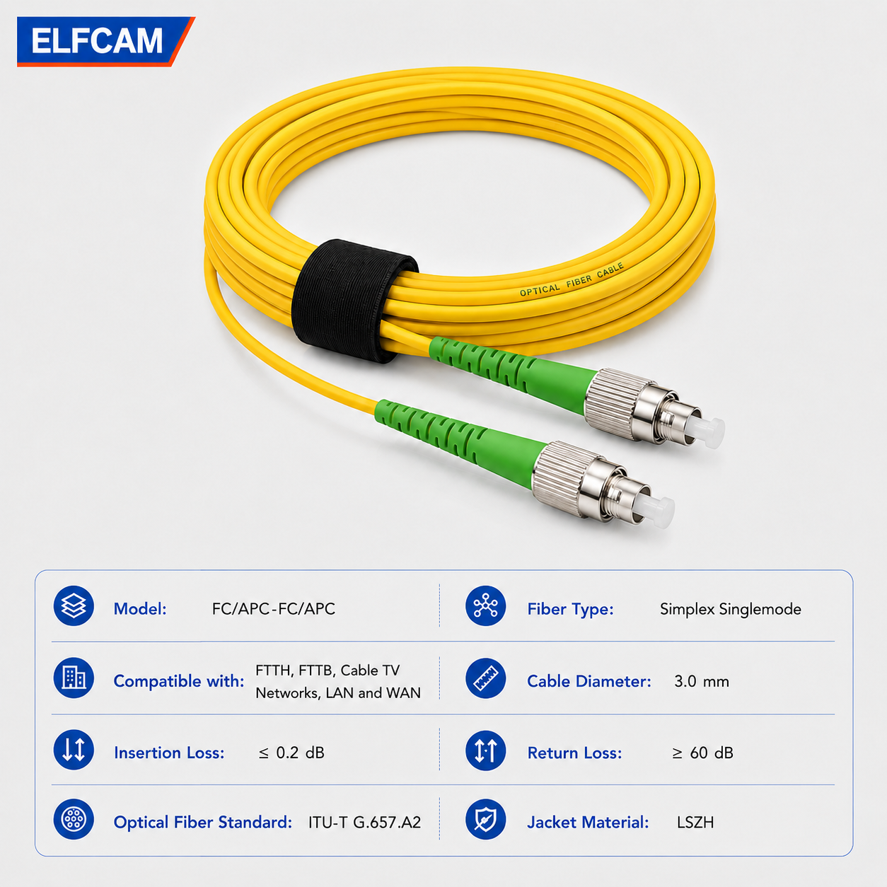 Elfcam® – FC/APC zu FC/APC Single Mode Simplex OS2 Glasfaserkabel 9/125 µm LSZH Gelb – Bild 2