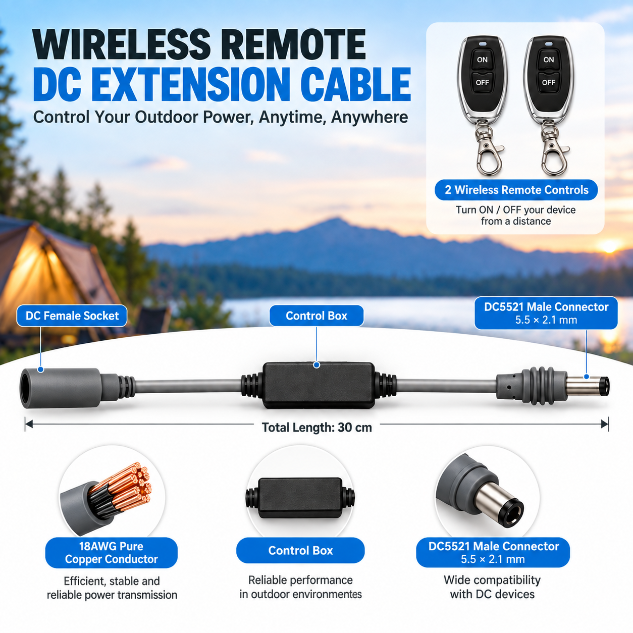 Elfcam - Interrupteur Sans Fil ON/OFF pour Starlink Mini, Câble d’Extension d’Alimentation DC 30 cm 18 AWG, Prise Femelle DC vers Fiche Mâle DC5521 5,5 × 2,1 mm, 2 Télécommandes, Portée Jusqu’à 30 m – Image 2