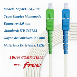 Câble à Fibre Optique SC/APC à SC/UPC OS2 Simplex Blanche (Freebox)(Ref:345)