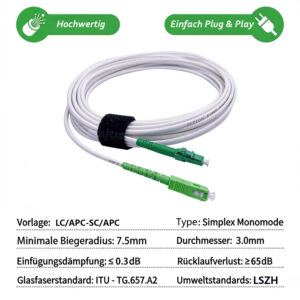 Câble à Fibre Optique LC/APC à SC/APC Monomode Simplex Blanc (Ref:3588)