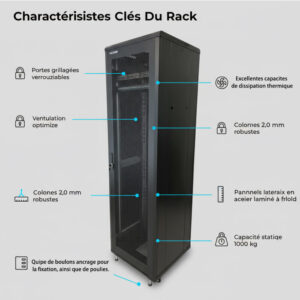 Baie Rack de Sol 42U Armoire pour Data Centerpour et Équipement Réseau, en Acier Froid Laminé, Portes Grillagées Avant/Arr…