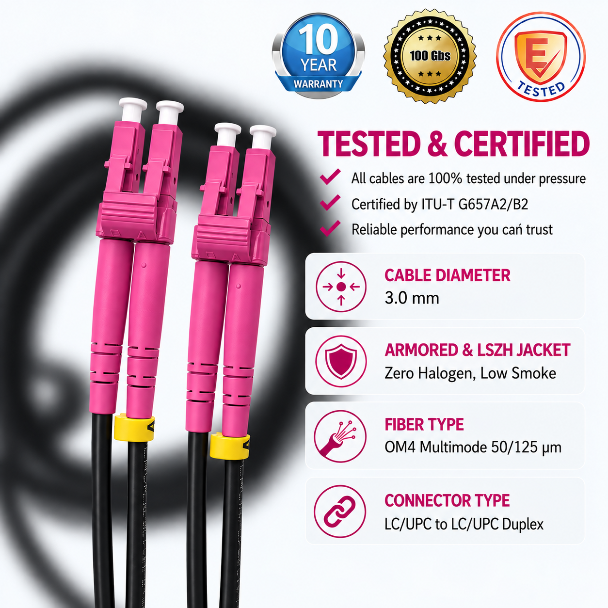 Elfcam - Câble à Fibre Optique en Acier Blindé pour Extérieur et Intérieur LC/UPC à LC/UPC Multimode Duplex OM4 Compatible avec les réseaux 10G / 40G / 100G - Bilde 2