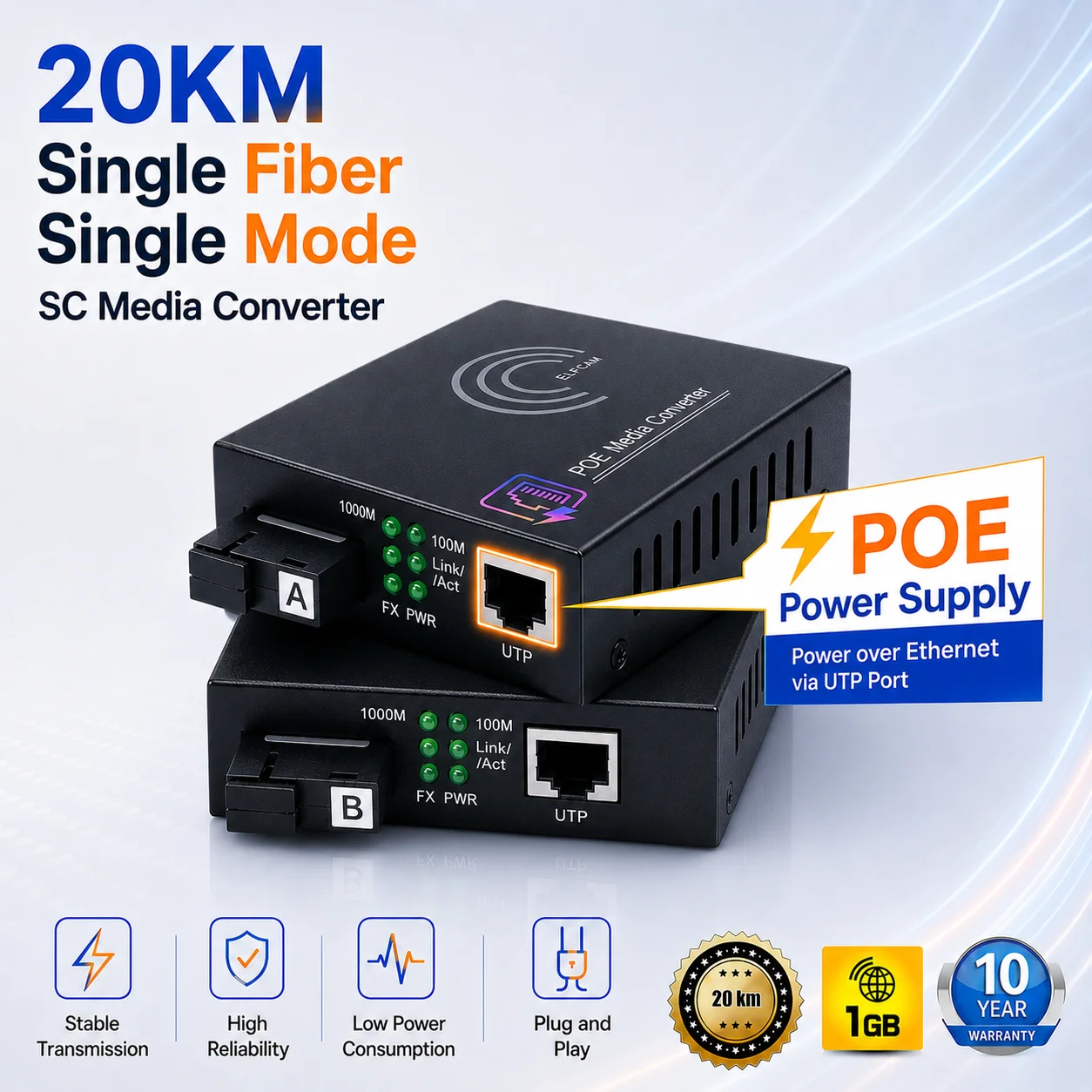 Convertisseur Fibre Ethernet PoE, Convertisseur de Média SFP (mini-GBIC) Inclus, Avec Mode adaptatif 10/100/1000Mbps (Ref:3452) - obrazek 2