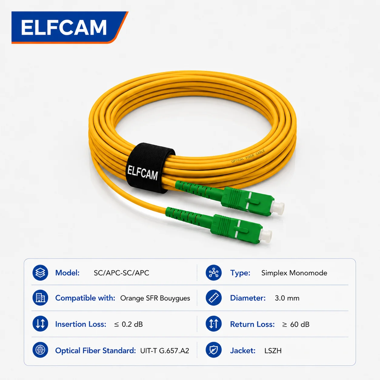 Câble à Fibre Optique SC/APC à SC/APC OS2 Simplex Jaune (Ref:11) – Image 2