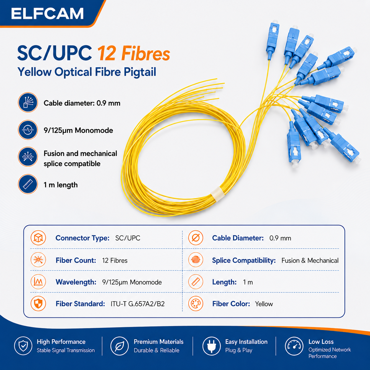 Elfcam - Pigtail de Fibra Óptica 12 Fibras Monomodo Simplex SC/UPC 9/125um OS2, 0,9 mm 1 Metro (Paquete de 12, Amarillo) - Imagen 2
