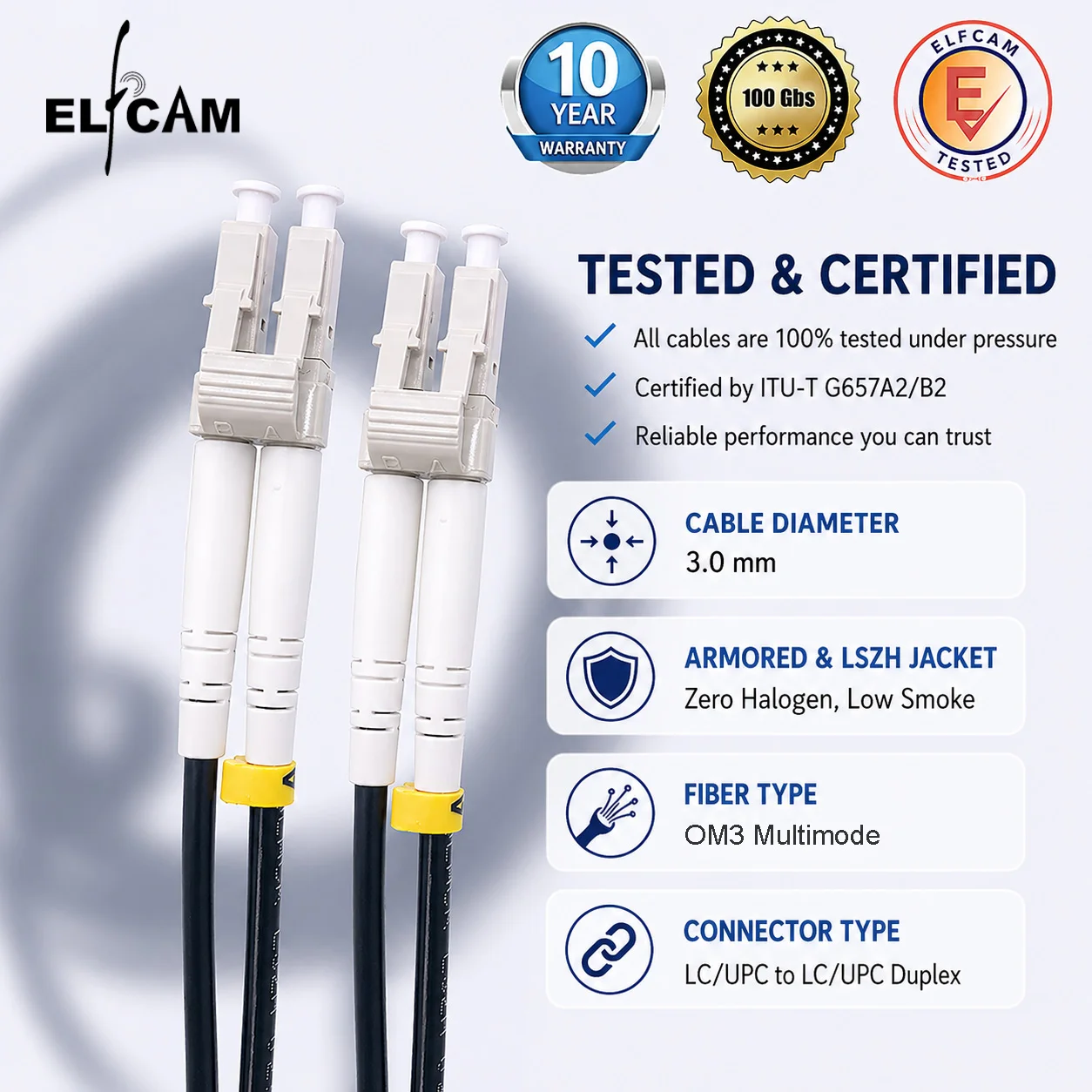 Armored Steel Fiber Optic Cable for Outdoor and Indoor LC/UPC to LC/UPC Multimode Duplex OM3 Black (Ref:4511) - Image 5