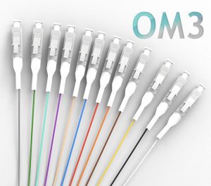 Pigtail à Fibre Optique à Code Couleur 12 Fibres LC/UPC OM3 Multimode 50/125um sans Gaine (REF:13999)
