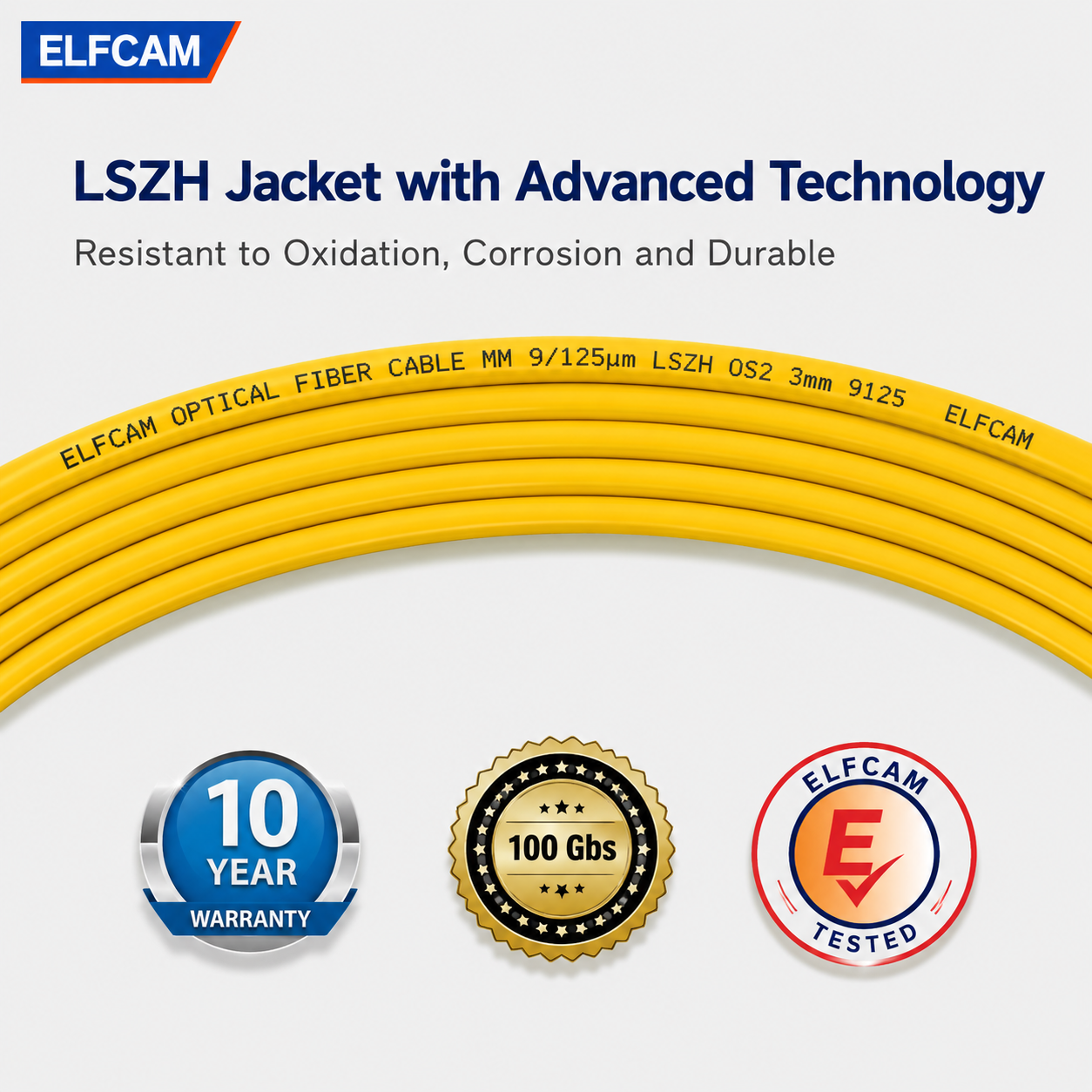 Elfcam® – FC/APC zu FC/APC Single Mode Simplex OS2 Glasfaserkabel 9/125 µm LSZH Gelb – Bild 4