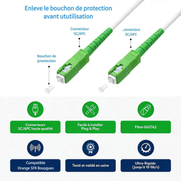 opteec® - Cavo in fibra ottica schermato - 10M - ARANCIO/SFR/BOUYGUES/SOSH/ RED by SFR - Prolunga/Giarrettiera - SC-APC a SC-APC rinforzato - Simplex Modalità singola - Garanzia 10 Anni - Bianco (10M
