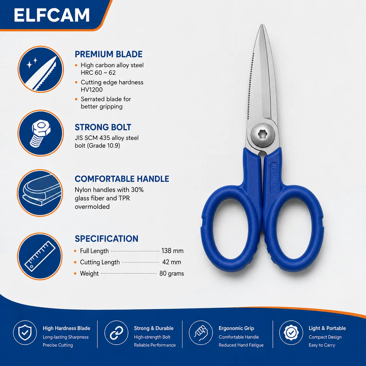 Elfcam – Kevlar-Schere für Glasfasern, Super-Multi-Cutter aus legiertem Stahl mit hohem Kohlenstoffgehalt, Schere mit gezahnter Klinge zum Greifen von Materialien, hergestellt von Nusharp (REF: 14131) – Bild 2