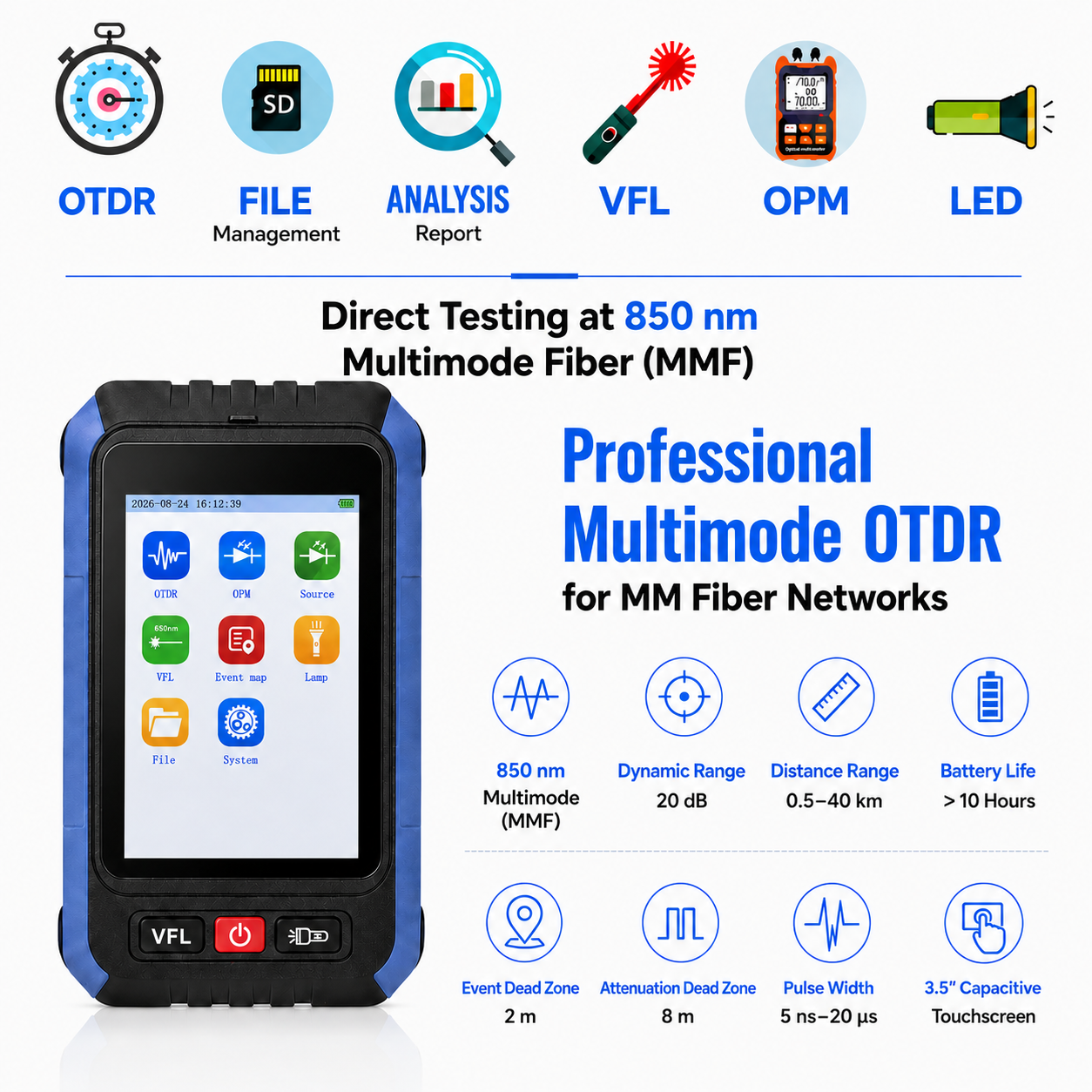 Elfcam - Mini OTDR multimodo ELF-2900-M, testador de fibra ótica MM de 850 nm, 20 dB, até 40 km, porta LC/UPC, com fotómetro ótico (OPM) e VFL de 10 mW – Imagem 3