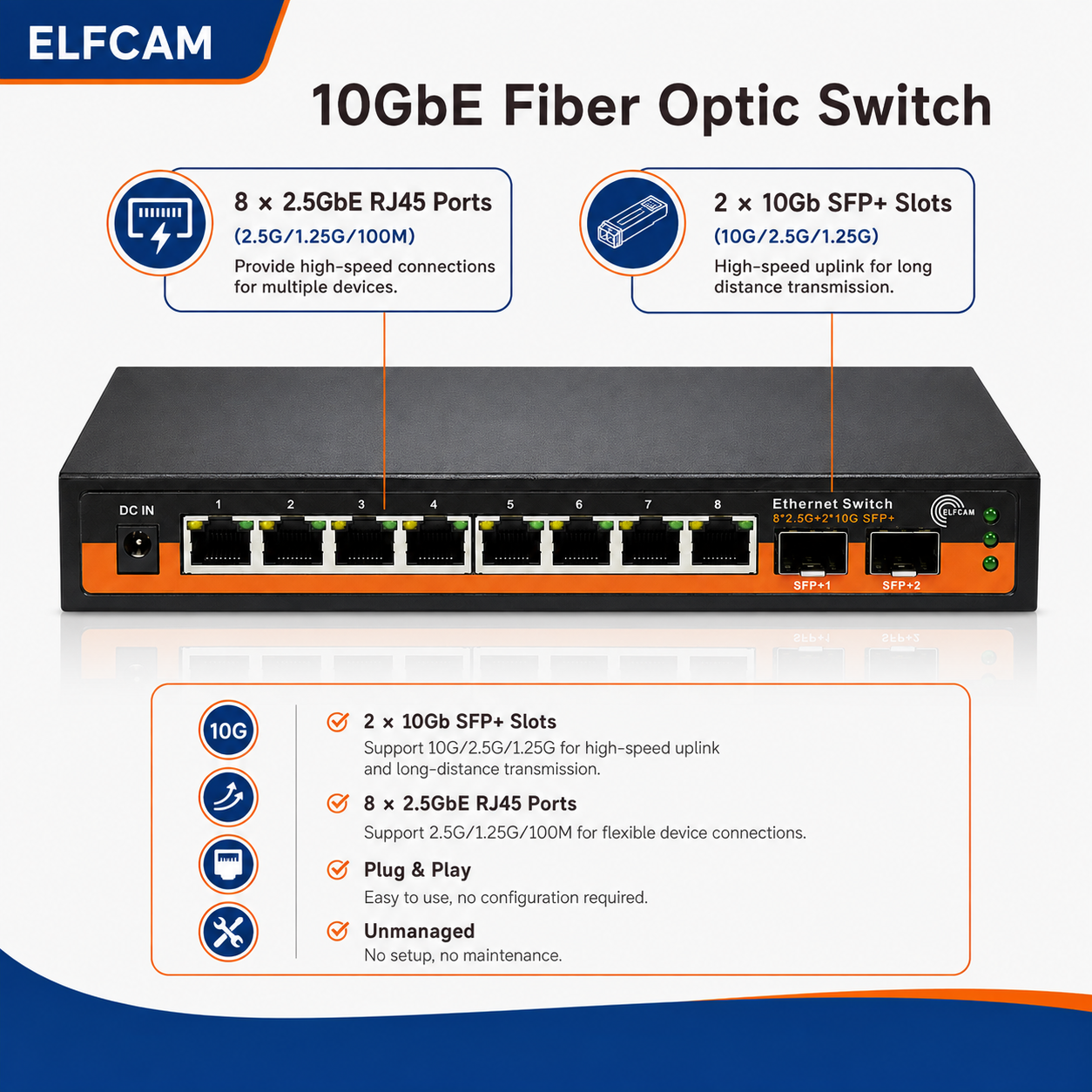 10Gb Optical Fiber Switch Compatible with Freebox Ultra and Orange Livebox 6, with 2 10G SFP+ Ports and 8 2.5 Gigabit Ethernet RJ45 Ports, Plug & Play Unmanaged (2 10Gb SFP+ Ports and 8 2.5G RJ45 Ports)(REF: 16169) - Image 3
