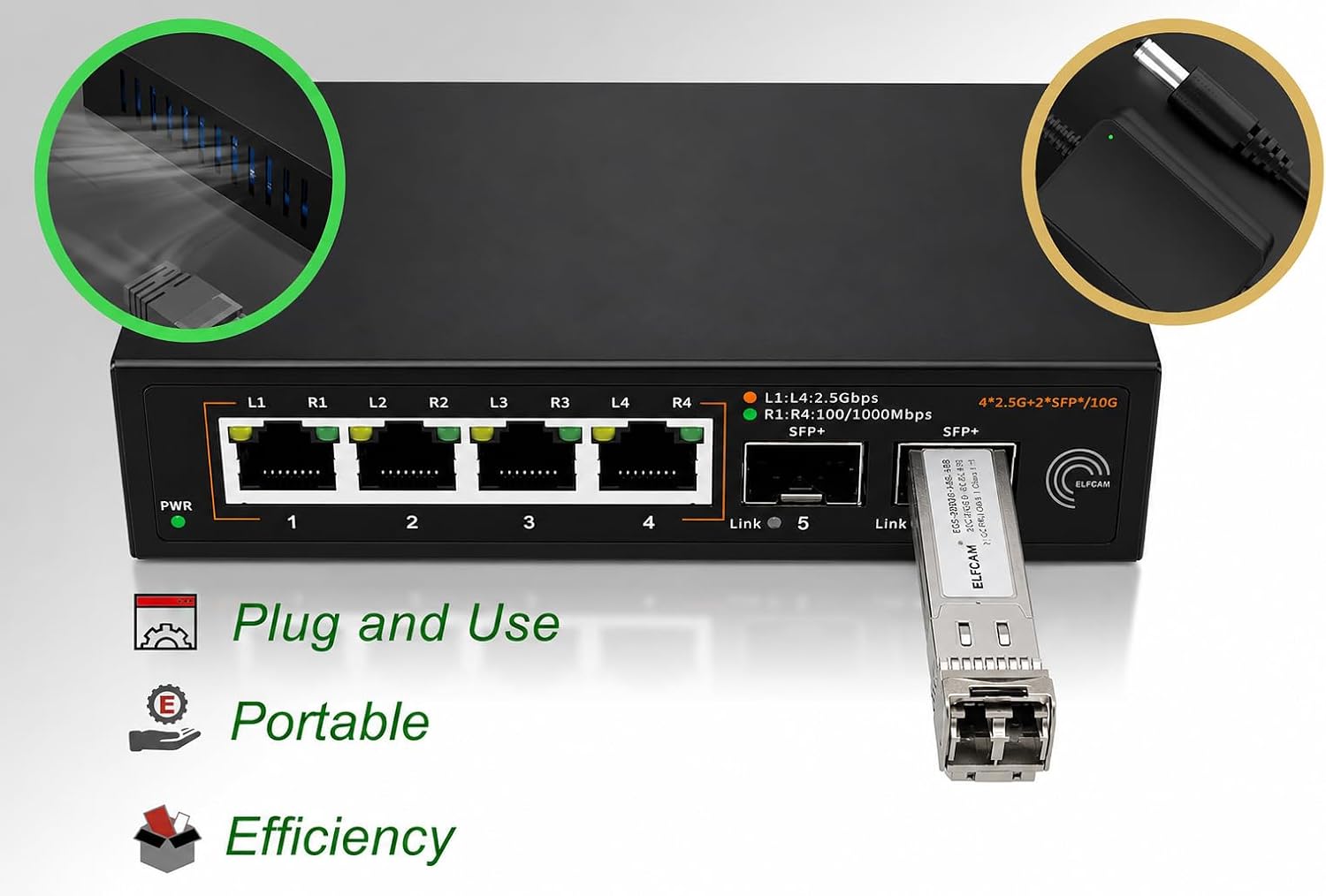 Elfcam® - Switch de fibra ótica de 10 Gb compatível com o Freebox Ultra e o Orange Livebox 6, com 2 portas SFP+ de 10 Gb e 4 portas RJ45 de 2,5 Gigabit Ethernet, Amplia a sua rede de 10 Gb Plug & Play não gerida (Ref.: 15694) – Imagem 8
