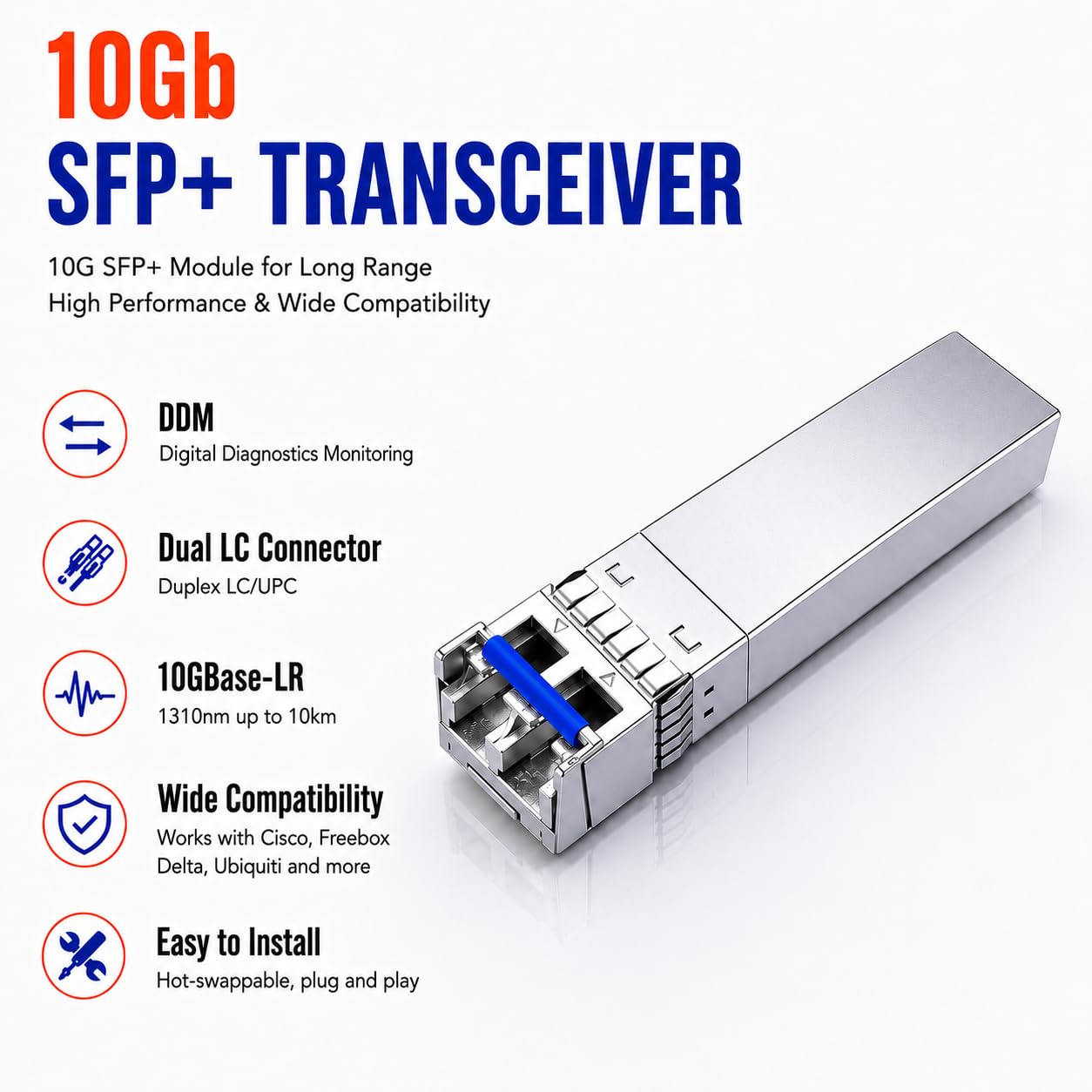 Elfcam® – 10 Gb SFP+ Glasfaser-Transceiver-Modul, LC/UPC DM-Anschluss (OS2), 10GBase-LR SFP+ Modul 1310 nm, kompatibel mit Freebox Ultra, 1 Stück (Ref: 20558) – Bild 2