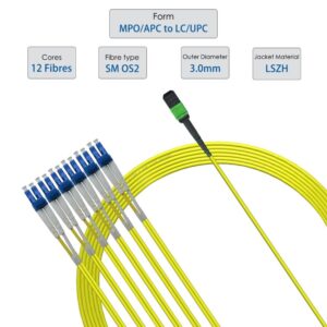 Elfcam – Câble Fibre Optique MPO/APC vers LC/UPC 12 Fibres Monomode OS2, Polarité de Type B, compatible avec Nvidia/…