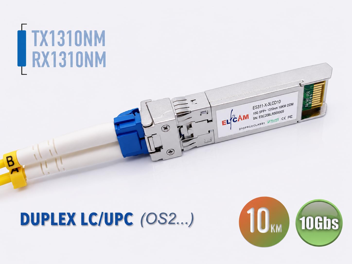 Elfcam® – 10 Gb SFP+ Glasfaser-Transceiver-Modul, LC/UPC DM-Anschluss (OS2), 10GBase-LR SFP+ Modul 1310 nm, kompatibel mit Freebox Ultra, 1 Stück (Ref: 20558) – Bild 3