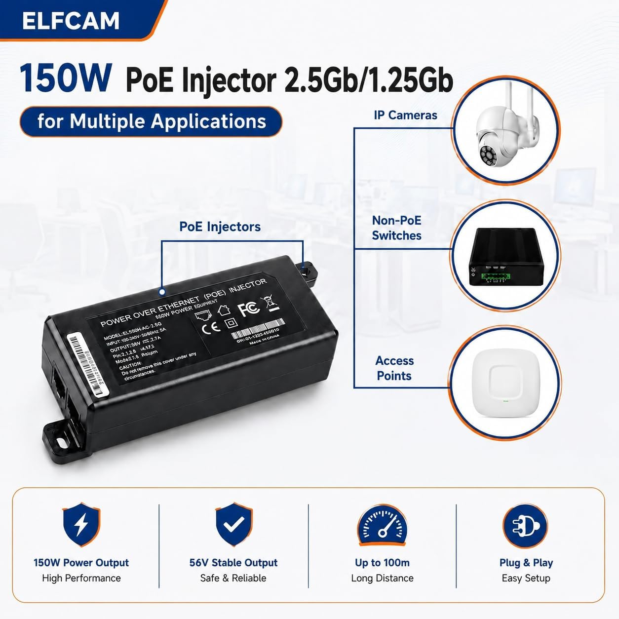 Elfcam - 150W PoE Injecteur 2,5Gb/1,25Gb pour Starlink Gen 3 et Gen 2, Passive PoE Injector avec Protection Contre Les Surtensions 3KV, Play & Plug, Entrée 100-240V AC et Sortie 150W 48V-56V – Bild 4