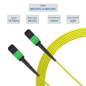 Elfcam® – Câble Fibre Optique 12 Fibres MPO/APC Femelle vers MPO/APC Femelle, Polarité de Type B, Monomode OS2 pour …