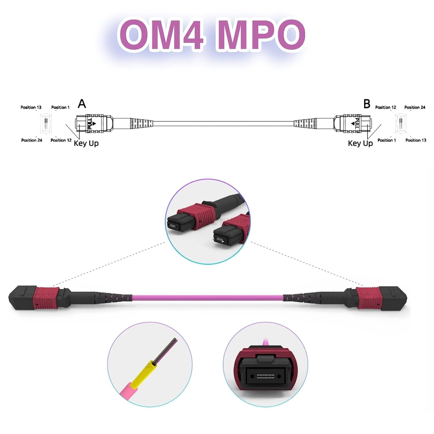 Elfcam® - Câble Fibre MPO-OM4 Multimode 12 Fibres, Type B, Violet, MPO/UPC Female to MPO/UPC Female, Optimisé Pour 40G QSFP+ SR4/CSR4 et 100G QSFP28 SR4 pour Centres De Données Haute Densité - Imagen 4