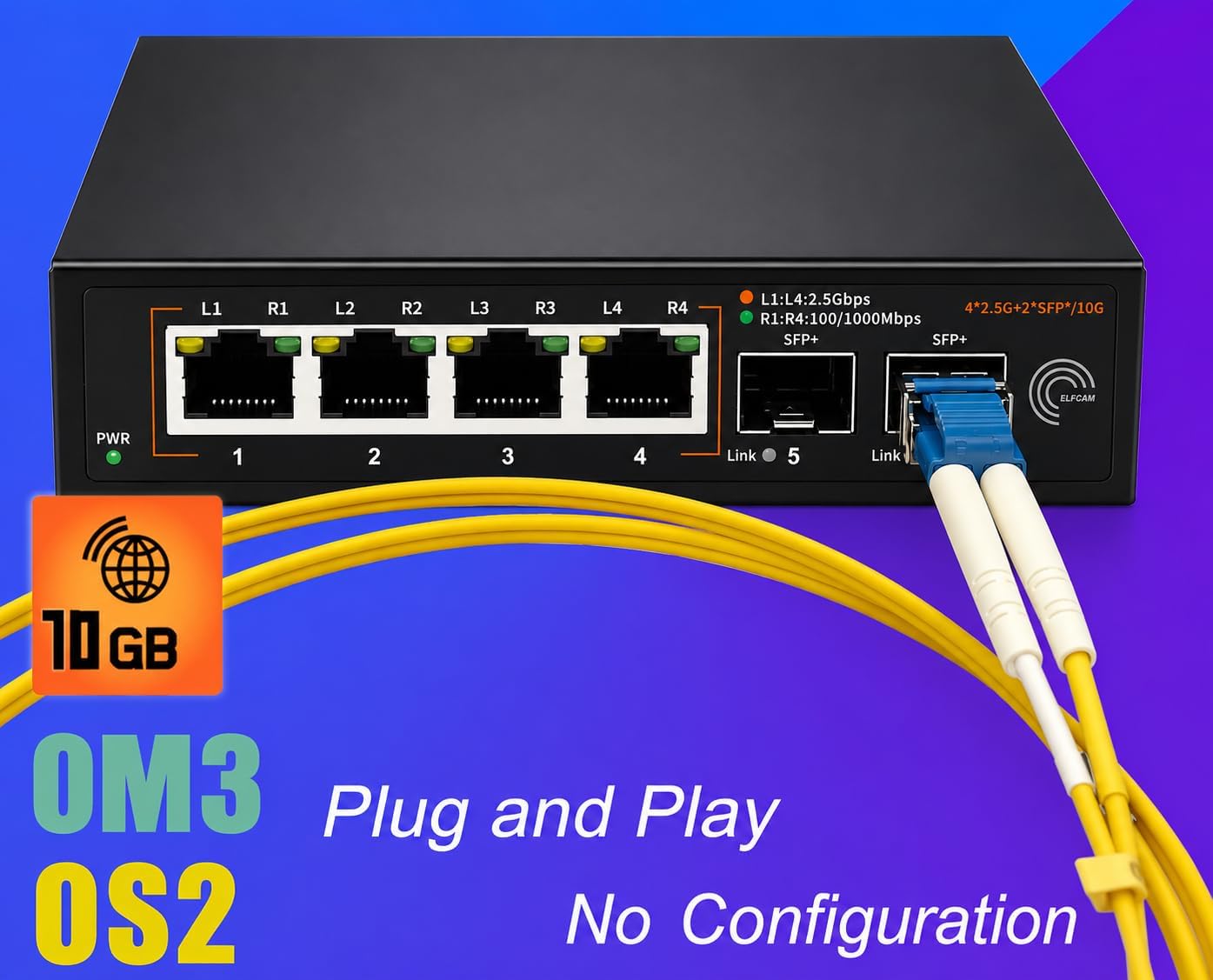 Elfcam® - Switch de fibra ótica de 10 Gb compatível com o Freebox Ultra e o Orange Livebox 6, com 2 portas SFP+ de 10 Gb e 4 portas RJ45 de 2,5 Gigabit Ethernet, Amplia a sua rede de 10 Gb Plug & Play não gerida (Ref.: 15694) – Imagem 4
