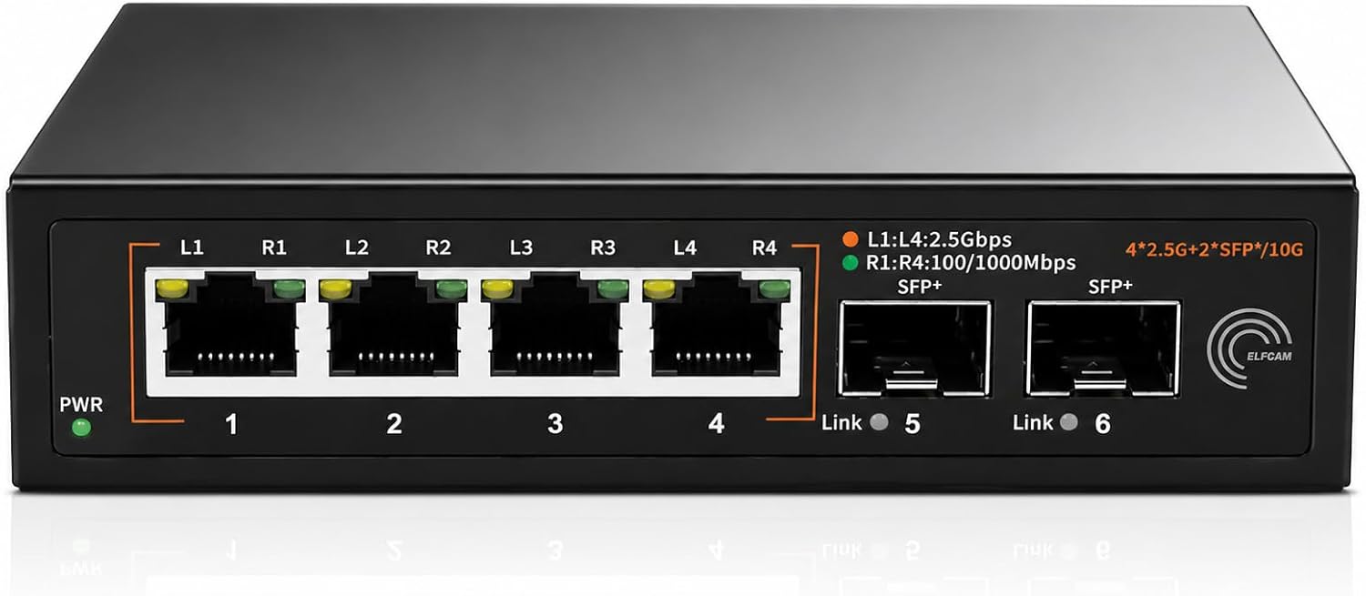 Elfcam® - Switch de fibra ótica de 10 Gb compatível com o Freebox Ultra e o Orange Livebox 6, com 2 portas SFP+ de 10 Gb e 4 portas RJ45 de 2,5 Gigabit Ethernet, Amplia a sua rede de 10 Gb Plug & Play não gerida (Ref.: 15694)