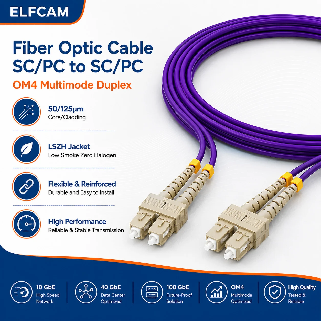 Elfcam® – Cavo in fibra ottica duplex multimodale da SC/UPC a SC/UPC OM4, cavo in fibra ottica LSZH da 50/125um 2,0 mm (Rif: 19135) - immagine 2