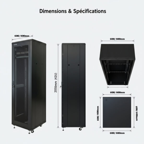 Armoire Rack Serveur 22U à 4 Montants, Armoire Verrouillable 19 pour Ordinateur/AV/Équipement IT, Rack Réseau pour Bureau/Domicile avec Roulettes et Rails de Montage Ajustables