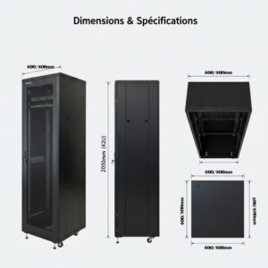 Baie Rack de Sol 42U Armoire pour Data Centerpour et Équipement Réseau, en Acier Froid Laminé, Portes Grillagées Avant/Arr…