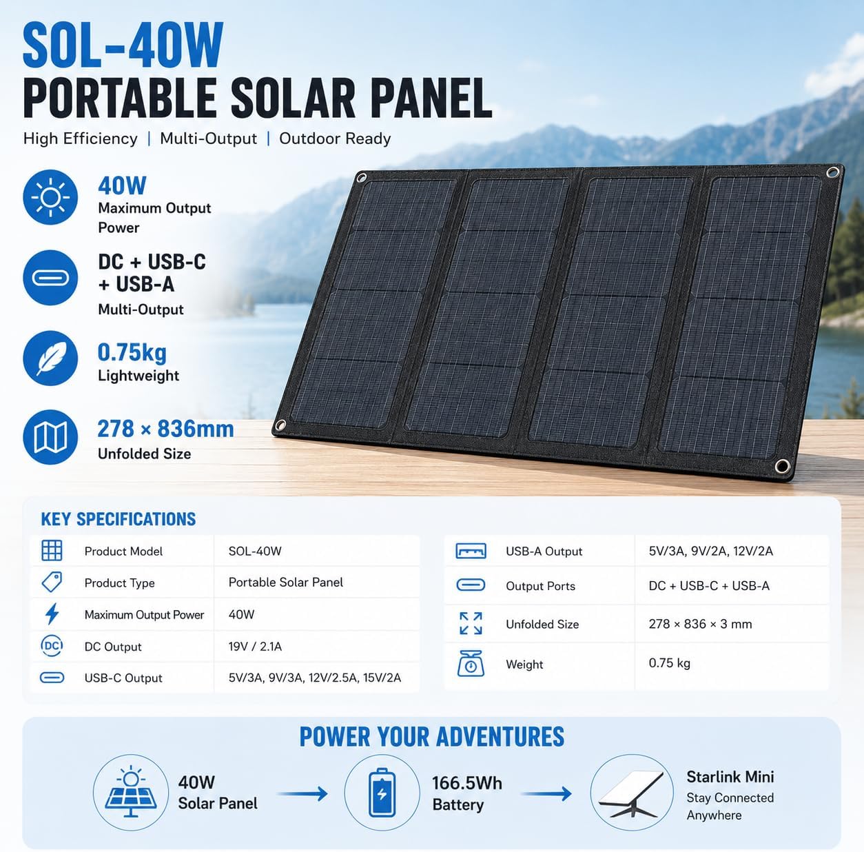 Elfcam - 127,75Wh Batterie Externe Clip-on pour Starlink Mini + Panneau Solaire 40W, Recharge Solaire, Autonomie Jusqu’à 6 Heures, 2xSorties DC & USB-C, Conforme aux Normes Aériennes - Image 6