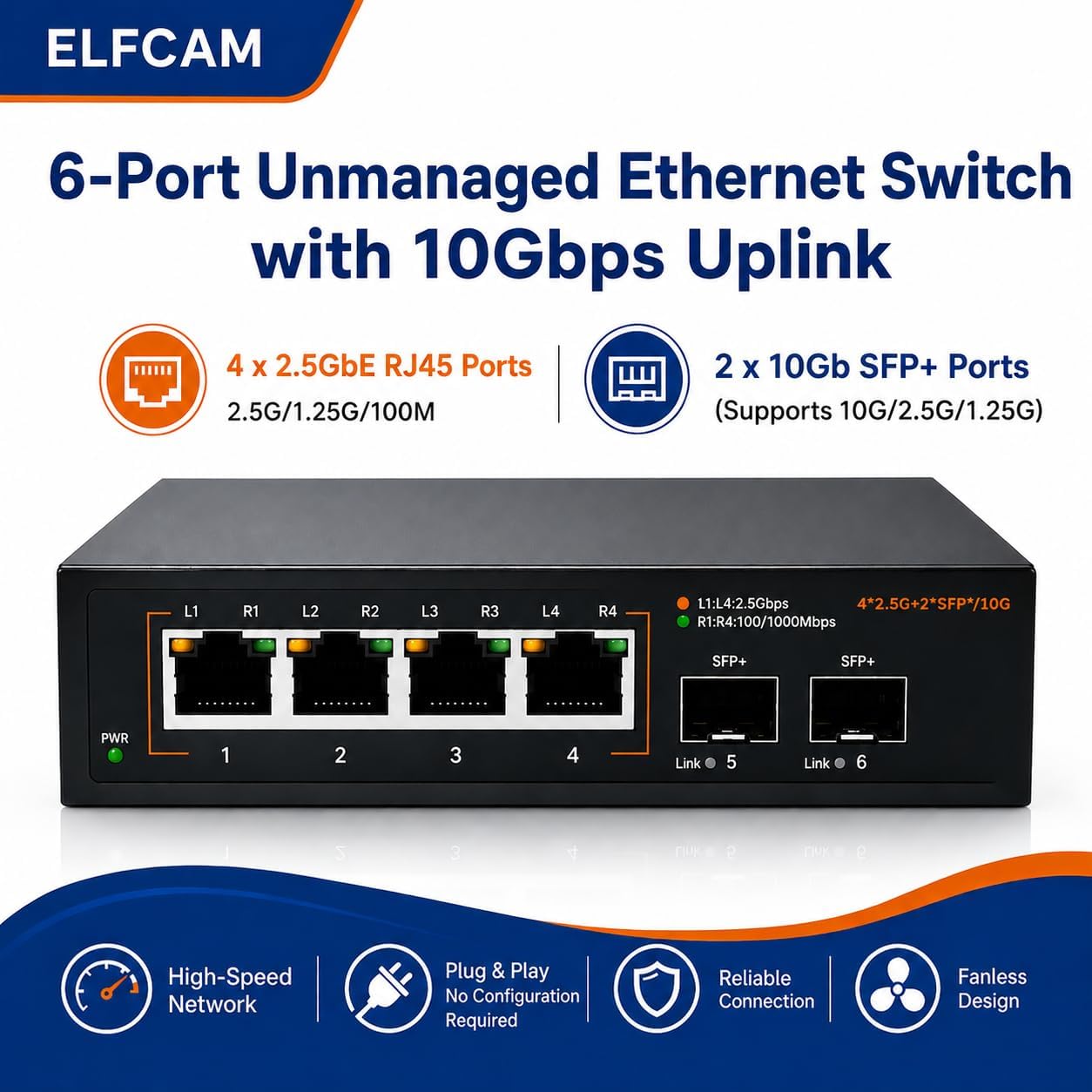 Elfcam® - Switch de fibra ótica de 10 Gb compatível com o Freebox Ultra e o Orange Livebox 6, com 2 portas SFP+ de 10 Gb e 4 portas RJ45 de 2,5 Gigabit Ethernet, Amplia a sua rede de 10 Gb Plug & Play não gerida (Ref.: 15694) – Imagem 2