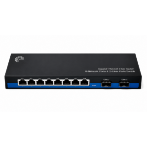 Elfacm – Ethernet switch 2 SFP ports and 8 RJ45, 20 Gbps bandwidth, distances up to 120 km, Marvell chipset, metal housing 260 × 68 × 21 mm, 5 V 2 A power supply included