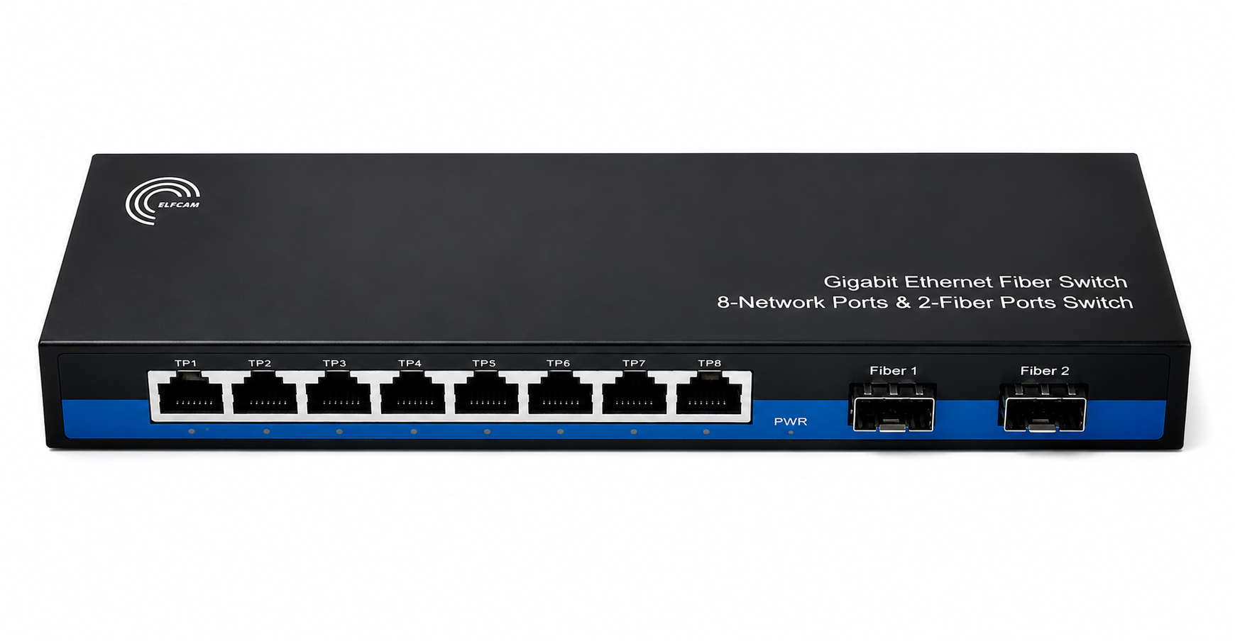 Elfacm – Ethernet switch 2 SFP ports and 8 RJ45, 20 Gbps bandwidth, distances up to 120 km, Marvell chipset, metal housing 260 × 68 × 21 mm, 5 V 2 A power supply included