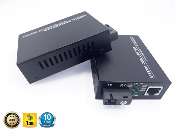 Elfcam Convertisseur Fibre Ethernet 1.25G SFP SC Monomode – Extension Réseau Gigabit Jusqu'à 20 Km, 1 Port RJ45 + 1 Port Fibre Optique