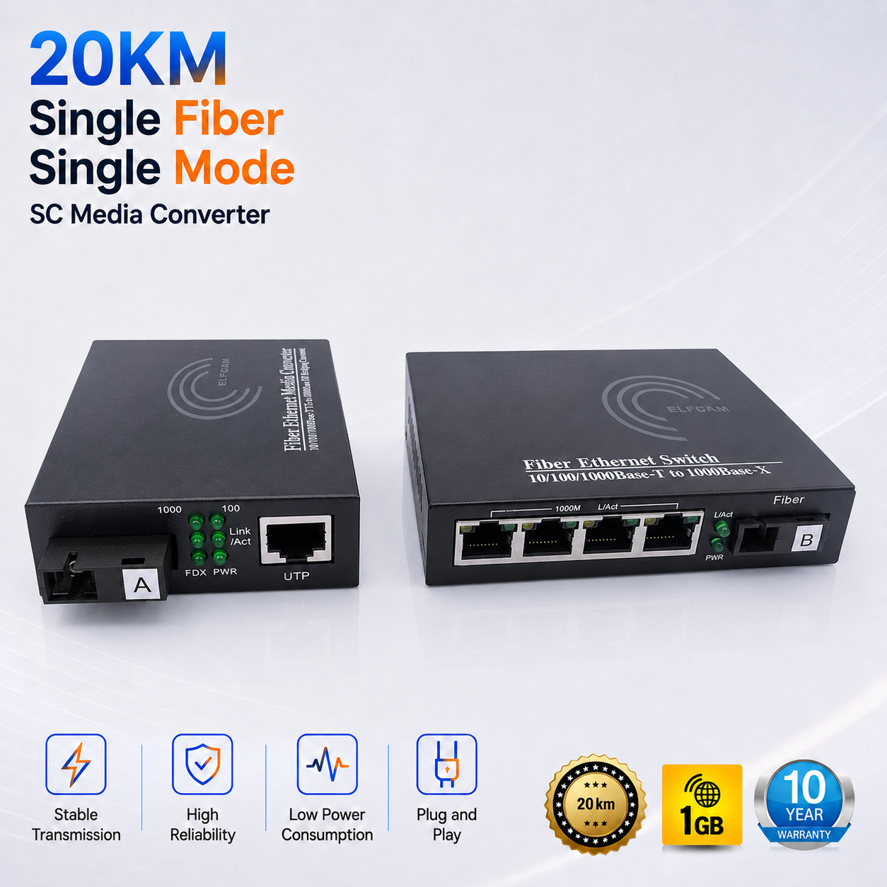 Elfcam - Lot de 2 Convertisseur Fibre Ethernet, Convertisseur de Média SFP (mini-GBIC) Inclus, Jusqu'à une Distance de 20KM sur Fibre Optique SC Monomode (4 Ports RJ45) (Ref:2181) - obrazek 5
