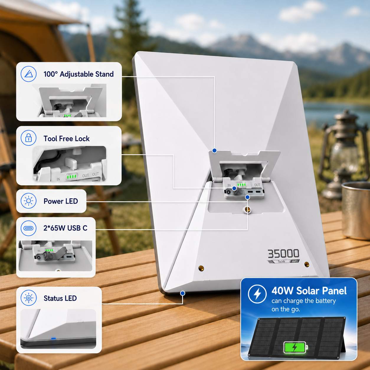 Elfcam - 127,75Wh Batterie Externe Clip-on pour Starlink Mini + Panneau Solaire 40W, Recharge Solaire, Autonomie Jusqu’à 6 Heures, 2xSorties DC & USB-C, Conforme aux Normes Aériennes - Image 4