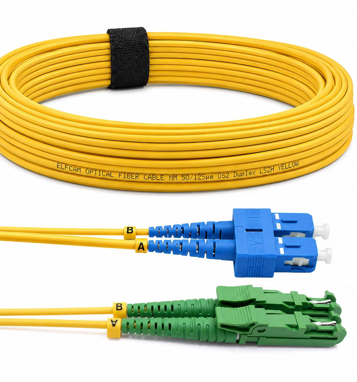Elfcam – E2000/APC to SC/UPC Fiber Optic Cable, Single Mode Duplex, Optical Patch Cord 9/125μm OS2 2.0mm G652D LSZH, Yellow