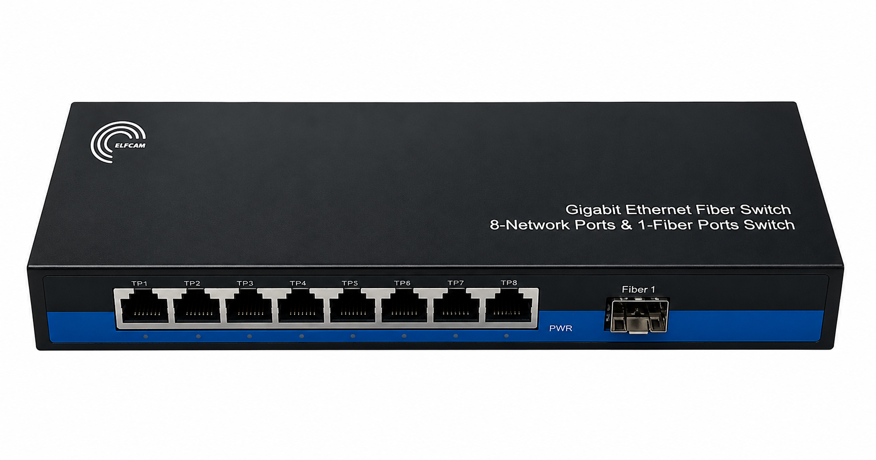 Ethernet switch 9 Gigabit ports 1 SFP and 8 RJ45, 20 Gbps bandwidth, fiber up to 120 km, Marvell chipset, compact metal case 260 × 68 × 21 mm, 5 V 2 A power supply supplied