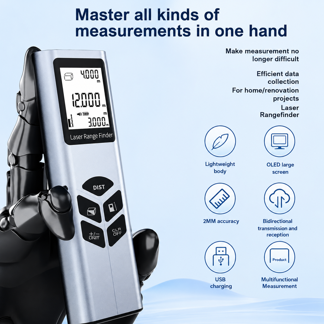 Telémetro a laser J-40/J-60 – Medição de distância de 40 m/60 m, precisão de ±2 mm, funções de área/volume/Teorema de Pitágoras, ecrã LCD retroiluminado, instrumento de medição portátil para trabalhos de bricolage e obras. – Imagem 5