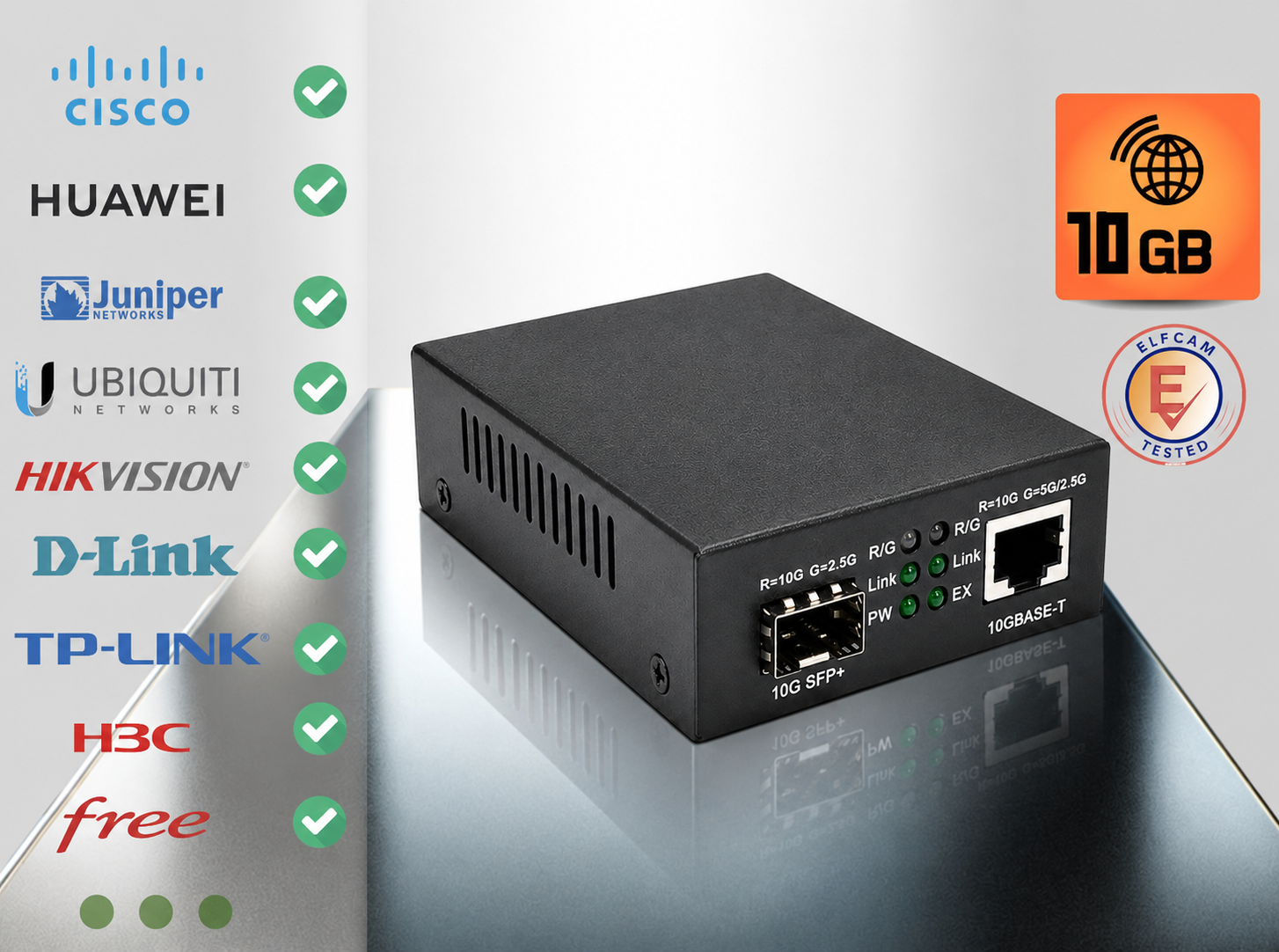 Elfcam® - 10Gb Convertisseur Fibre Ethernet Compatible avec Freebox Ultra, avec 1 Port 10G SFP+ et 1 Port 10G Ethernet RJ45 (Ref: 15772) – Image 3
