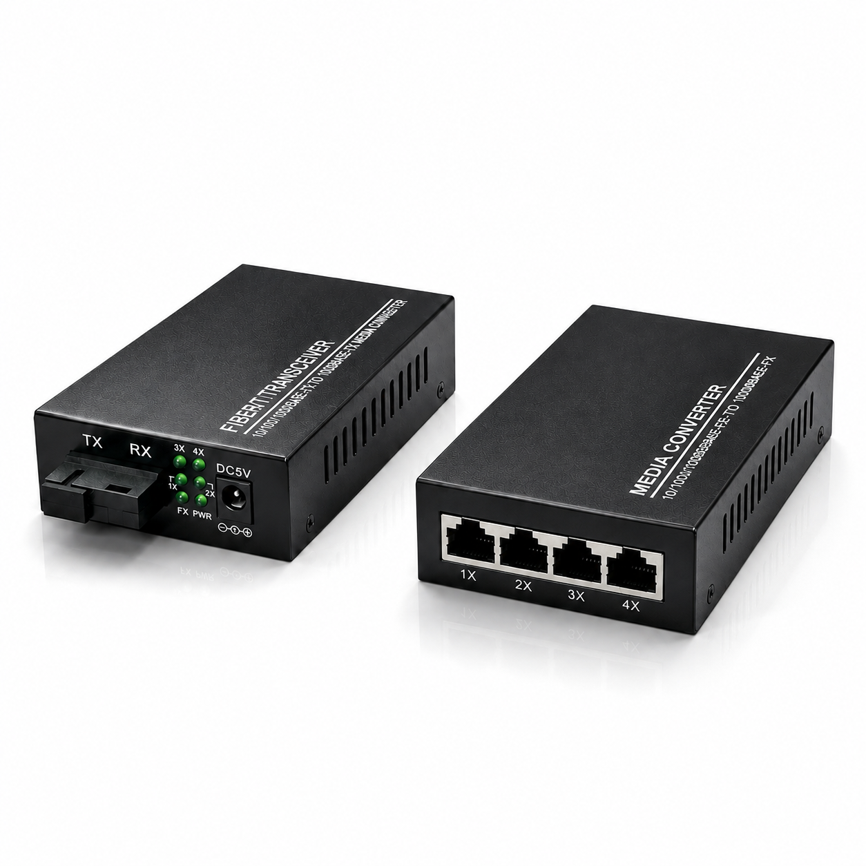 Conjunto de 2 conversores Ethernet de fibra ótica, com conversor de meio SFP incluído, até uma distância de 20 km em fibra ótica SC monomodo (4 portas RJ45 * 4 portas RJ45)