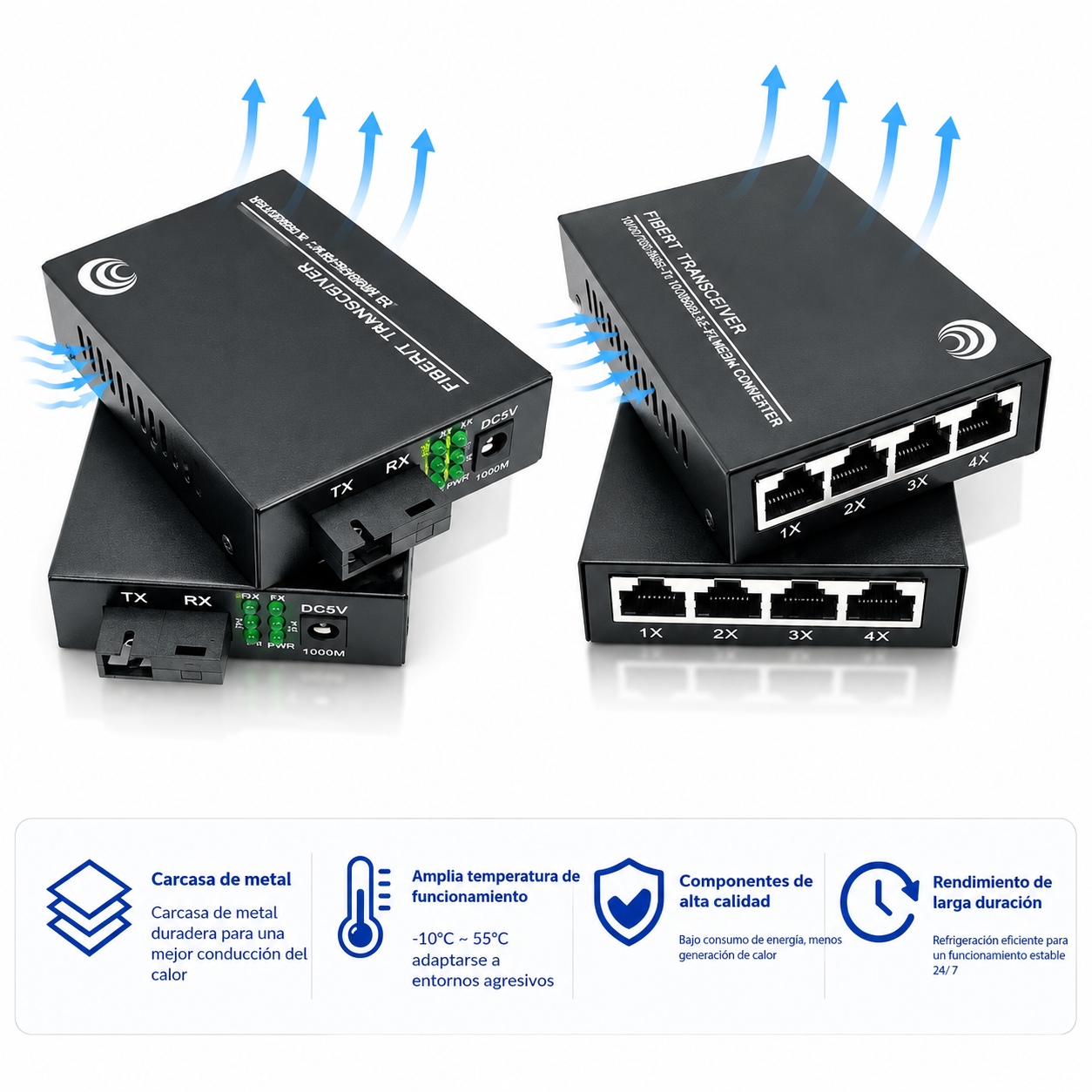 Conjunto de 2 conversores Ethernet de fibra ótica, com conversor de meio SFP incluído, até uma distância de 20 km em fibra ótica SC monomodo (4 portas RJ45 * 4 portas RJ45) – Imagem 4