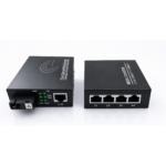 Elfcam - Conjunto de 2 conversores Ethernet de fibra ótica, com conversor de média SFP (mini-GBIC) incluído, até uma distância de 20 km em fibra ótica SC monomodo (4 portas RJ45) (Ref.: 2181)