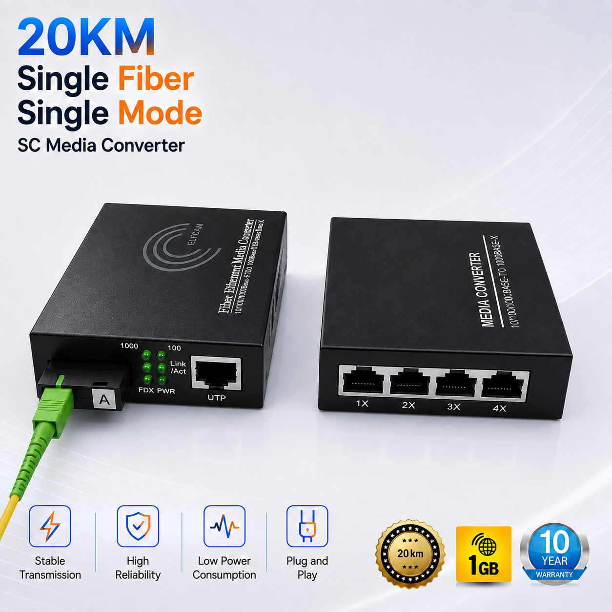 Elfcam - Conjunto de 2 conversores Ethernet de fibra ótica, com conversor de média SFP (mini-GBIC) incluído, até uma distância de 20 km em fibra ótica SC monomodo (4 portas RJ45) (Ref.: 2181) – Imagem 3