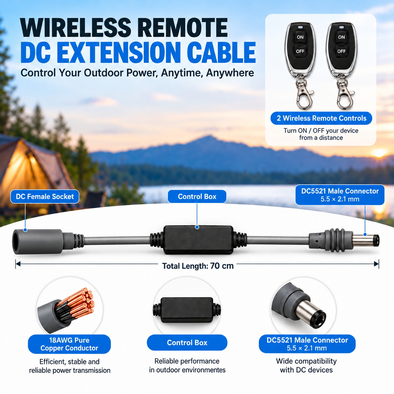 Elfcam - Interrupteur Sans Fil ON/OFF pour Starlink Mini, Câble d’Extension d’Alimentation DC 70cm 18AWG, Prise Femelle DC vers Fiche Mâle DC5521 5,5 × 2,1mm, 2 Télécommandes, Portée Jusqu’à 30m - Image 2